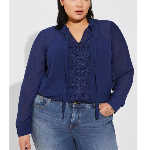 Torrid Women's Deep Blue Chiffon Clip Dot Ruffle Neck Tie Front Top Size 4X - Picture 1 of 9
